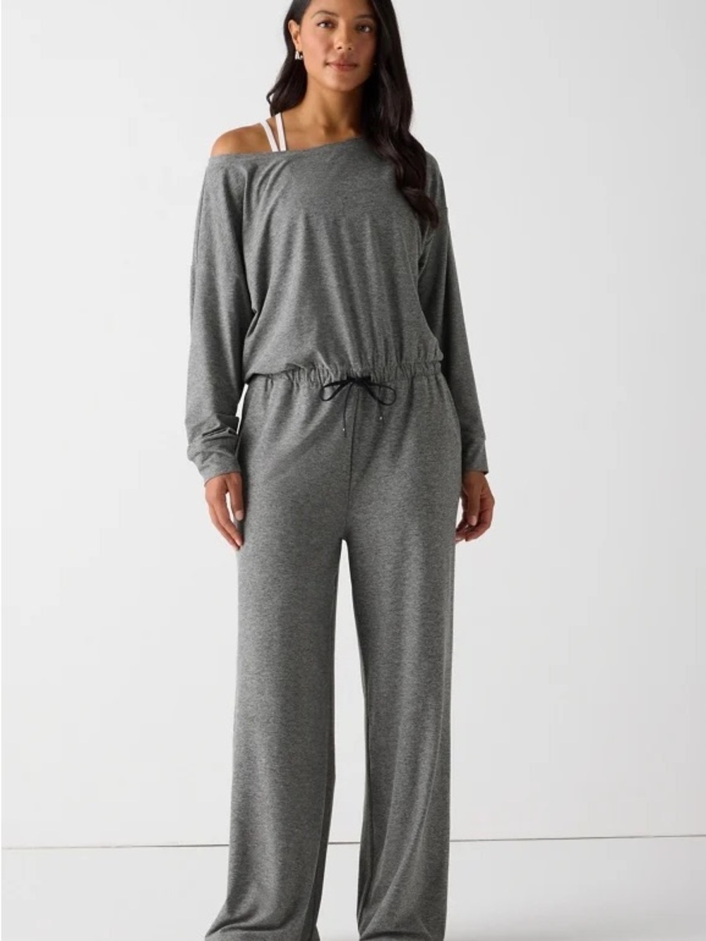 Fabletics Charcoal Gray Off-Shoulder Lounge Jumpsuit